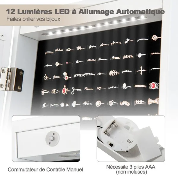 Armoire à Bijoux Sur Pied avec 12 LED Doublure Intérieure en Velours Doux Angle Réglable 36 x 33,5 x 154,5 cm Noir/Blanc