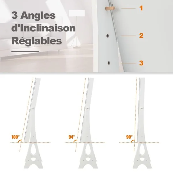 Armoire à Bijoux Sur Pied avec 12 LED Doublure Intérieure en Velours Doux Angle Réglable 36 x 33,5 x 154,5 cm Noir/Blanc