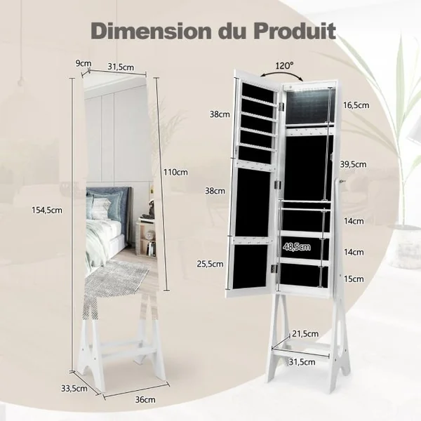 Armoire à Bijoux Sur Pied avec 12 LED Doublure Intérieure en Velours Doux Angle Réglable 36 x 33,5 x 154,5 cm Noir/Blanc