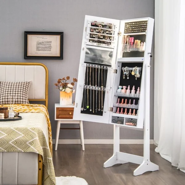 Armoire à Bijoux sur Pied avec Lumières LED Armoire Verrouillable avec Miroir Pleine Longueur Éclairé Blanc/Marron Rustique/Noyer