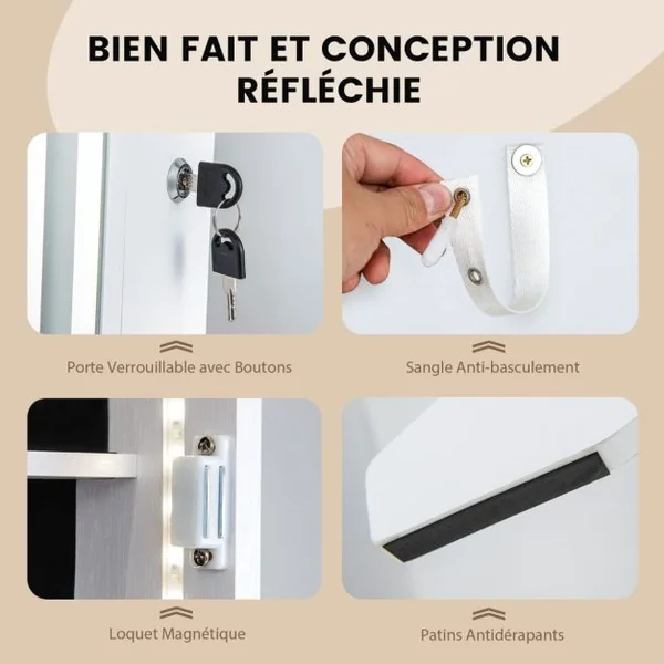 Armoire à Bijoux sur Pied avec Lumières LED Armoire Verrouillable avec Miroir Pleine Longueur Éclairé Blanc/Marron Rustique/Noyer