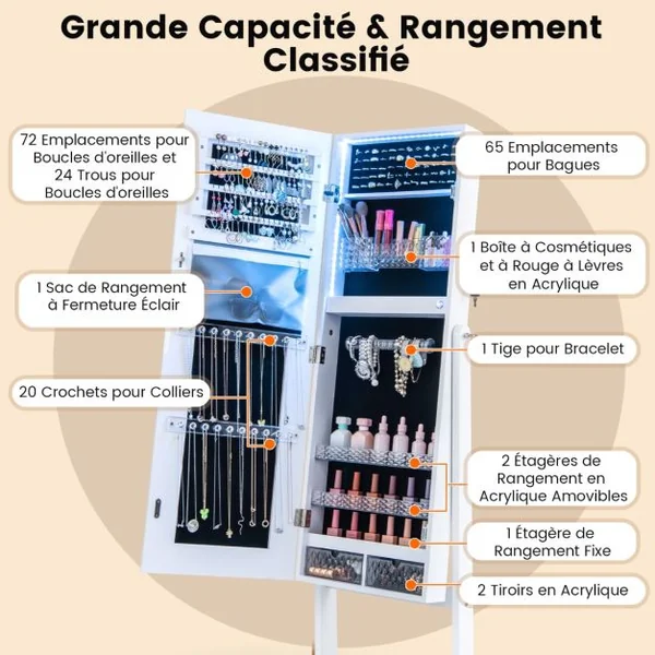 Armoire à Bijoux sur Pied avec Lumières LED Armoire Verrouillable avec Miroir Pleine Longueur Éclairé Blanc/Marron Rustique/Noyer
