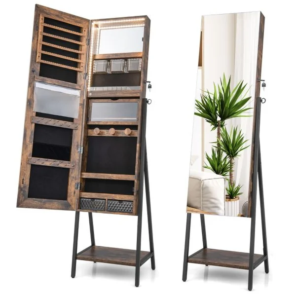 Armoire à Bijoux sur Pied avec Miroir Pleine Longueur HD Lumières LED 3 Couleurs et Miroir Intérieur Verrouillable Blanc/Marron