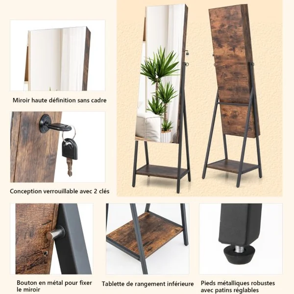 Armoire à Bijoux sur Pied avec Miroir Pleine Longueur HD Lumières LED 3 Couleurs et Miroir Intérieur Verrouillable Blanc/Marron
