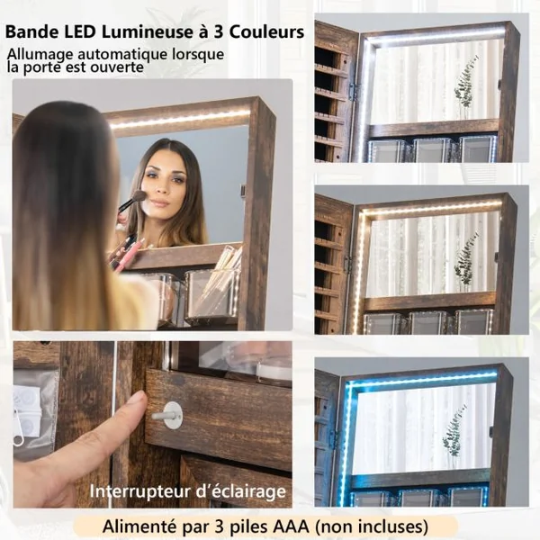 Armoire à Bijoux sur Pied avec Miroir Pleine Longueur HD Lumières LED 3 Couleurs et Miroir Intérieur Verrouillable Blanc/Marron