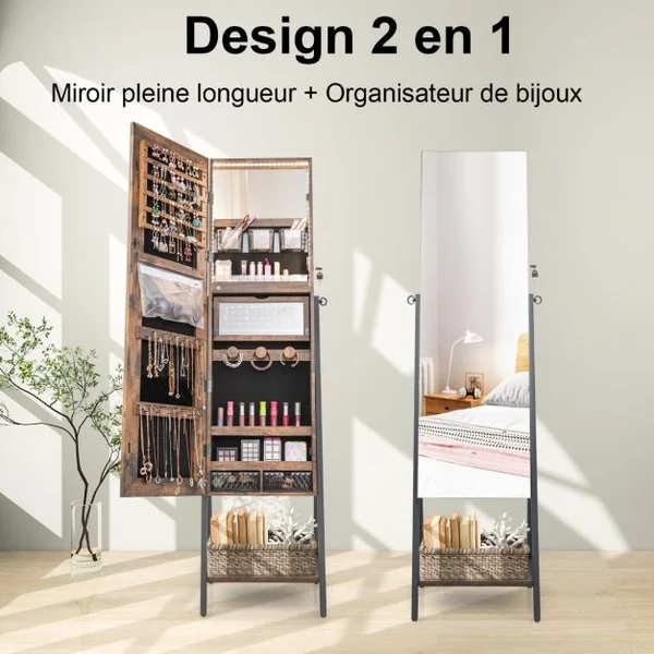 Armoire à Bijoux sur Pied avec Miroir Pleine Longueur HD Lumières LED 3 Couleurs et Miroir Intérieur Verrouillable Blanc/Marron