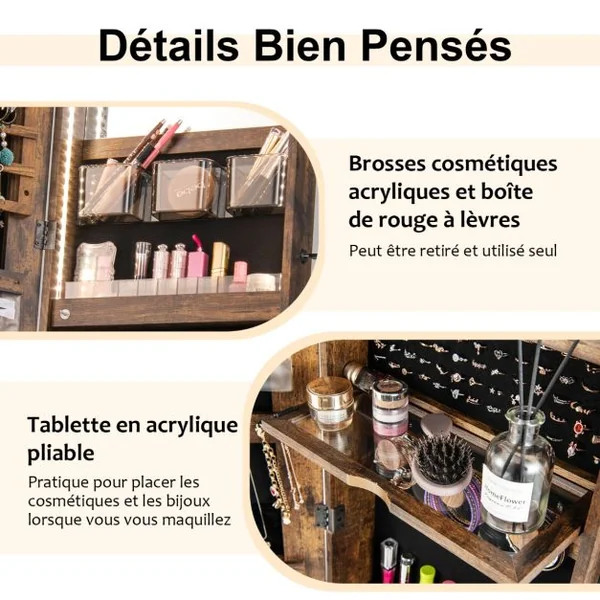 Armoire à Bijoux sur Pied avec Miroir Pleine Longueur HD Lumières LED 3 Couleurs et Miroir Intérieur Verrouillable Blanc/Marron