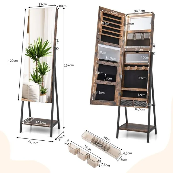 Armoire à Bijoux sur Pied avec Miroir Pleine Longueur HD Lumières LED 3 Couleurs et Miroir Intérieur Verrouillable Blanc/Marron