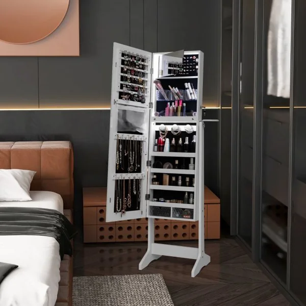 Armoire à Bijoux sur Pied avec Miroir Pleine Longueur LED Blanc