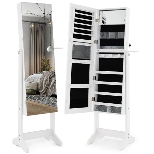 Armoire à Bijoux sur Pied avec Miroir Pleine Longueur LED Blanc