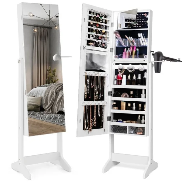 Armoire à Bijoux sur Pied avec Miroir Pleine Longueur LED Blanc