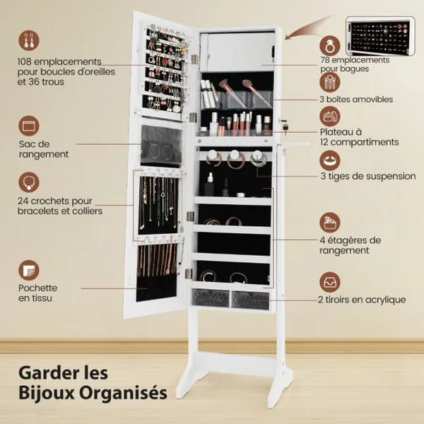 Armoire à Bijoux sur Pied avec Miroir Pleine Longueur LED Blanc
