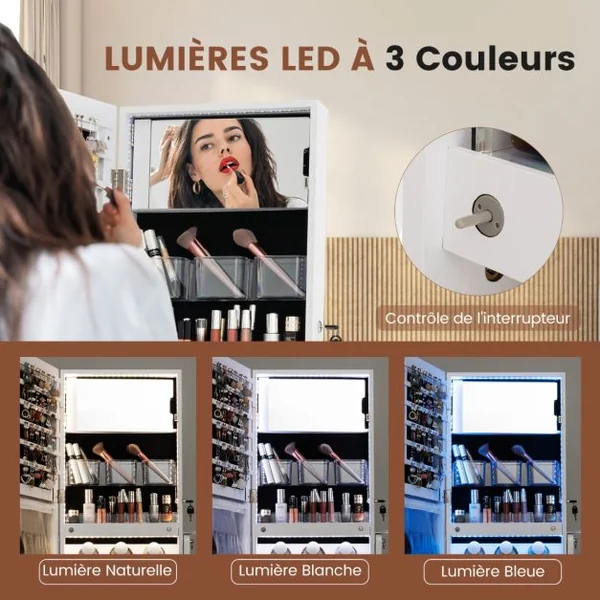 Armoire à Bijoux sur Pied avec Miroir Pleine Longueur LED Blanc