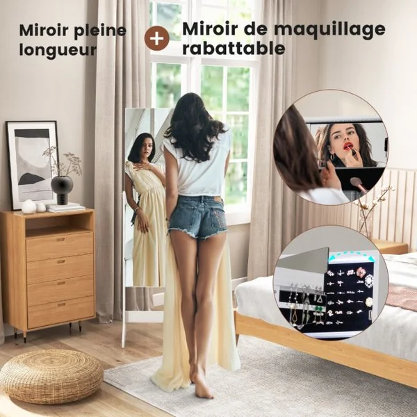 Armoire à Bijoux sur Pied avec Miroir Pleine Longueur LED Blanc