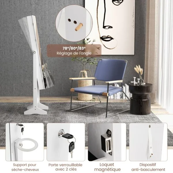 Armoire à Bijoux sur Pied avec Miroir Pleine Longueur LED Blanc