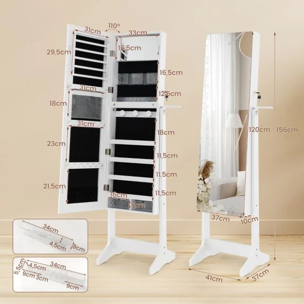 Armoire à Bijoux sur Pied avec Miroir Pleine Longueur LED Blanc