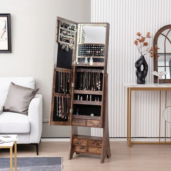 Armoire à Bijoux sur Pied avec Miroir Pleine Longueur Lumières LED Intégrées 6 Tiroirs et 3 Angles d'Inclinaison Réglables Blanc/Marron