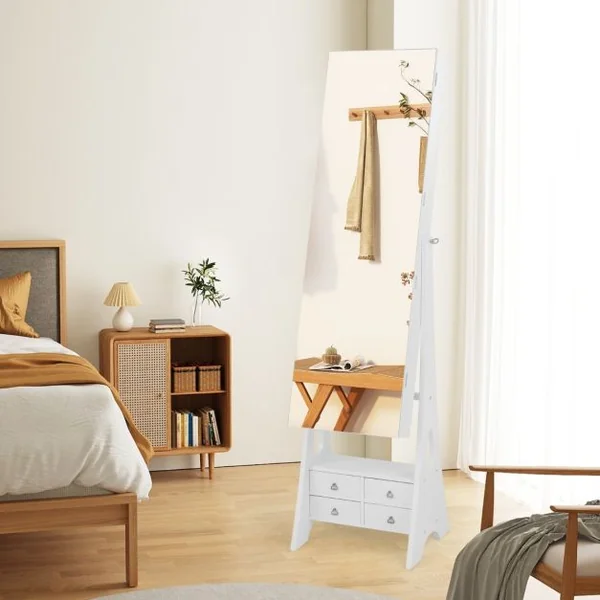 Armoire à Bijoux sur Pied avec Miroir Pleine Longueur Lumières LED Intégrées 6 Tiroirs et 3 Angles d'Inclinaison Réglables Blanc/Marron
