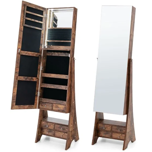 Armoire à Bijoux sur Pied avec Miroir Pleine Longueur Lumières LED Intégrées 6 Tiroirs et 3 Angles d'Inclinaison Réglables Blanc/Marron