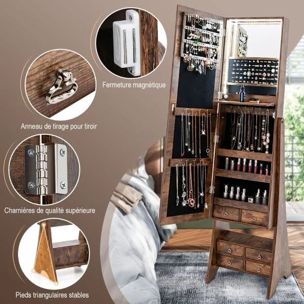 Armoire à Bijoux sur Pied avec Miroir Pleine Longueur Lumières LED Intégrées 6 Tiroirs et 3 Angles d'Inclinaison Réglables Blanc/Marron
