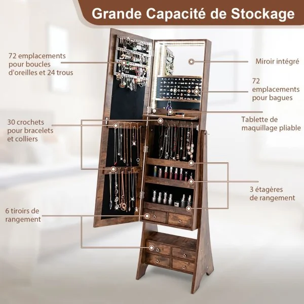 Armoire à Bijoux sur Pied avec Miroir Pleine Longueur Lumières LED Intégrées 6 Tiroirs et 3 Angles d'Inclinaison Réglables Blanc/Marron