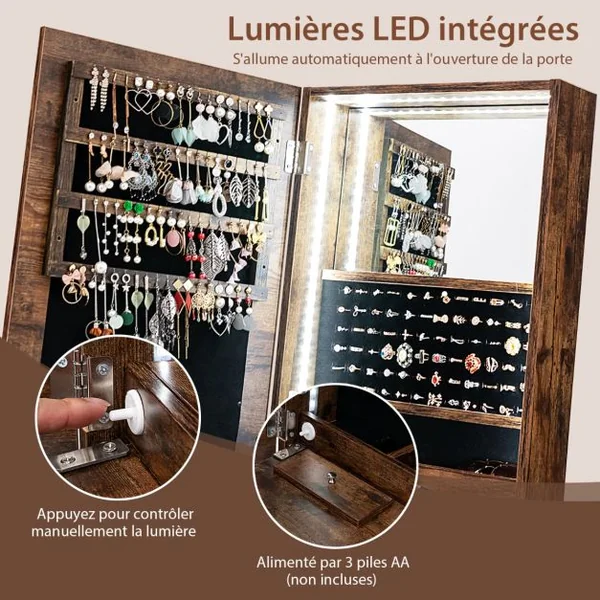 Armoire à Bijoux sur Pied avec Miroir Pleine Longueur Lumières LED Intégrées 6 Tiroirs et 3 Angles d'Inclinaison Réglables Blanc/Marron