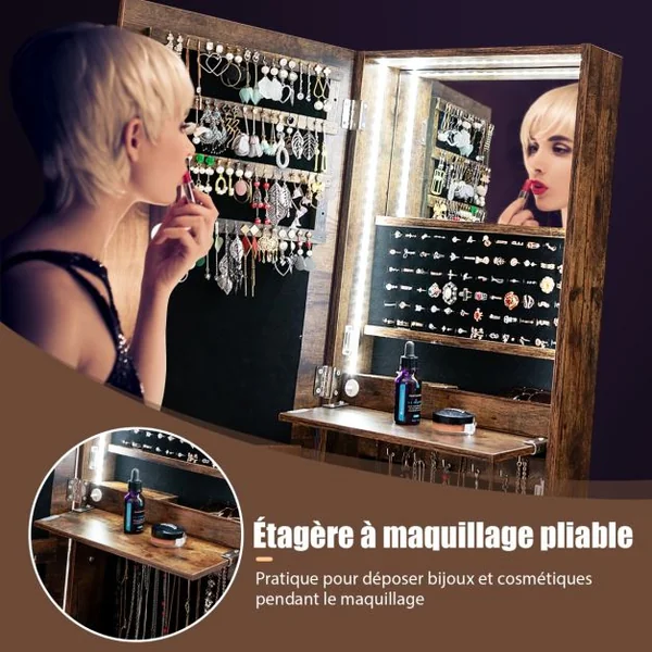 Armoire à Bijoux sur Pied avec Miroir Pleine Longueur Lumières LED Intégrées 6 Tiroirs et 3 Angles d'Inclinaison Réglables Blanc/Marron