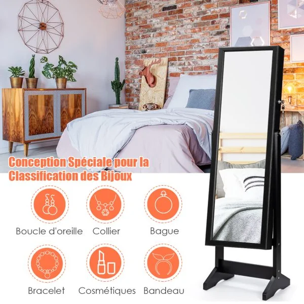 Armoire à Bijoux sur Pied avec Miroir Psyché Inclinable à 4 Angles Rangement et Présentoir pour Bijoux Blanc/Marron/Noir