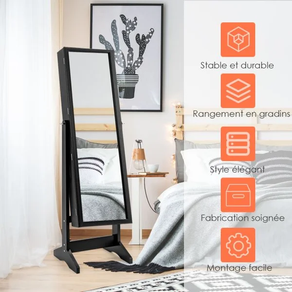 Armoire à Bijoux sur Pied avec Miroir Psyché Inclinable à 4 Angles Rangement et Présentoir pour Bijoux Blanc/Marron/Noir