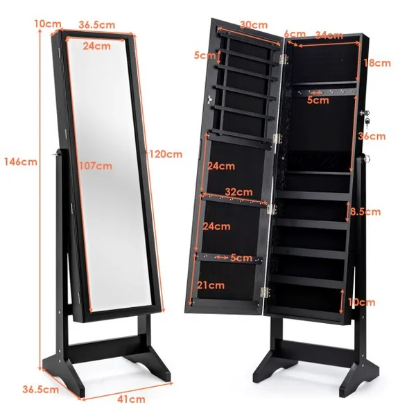 Armoire à Bijoux sur Pied avec Miroir Psyché Inclinable à 4 Angles Rangement et Présentoir pour Bijoux Blanc/Marron/Noir