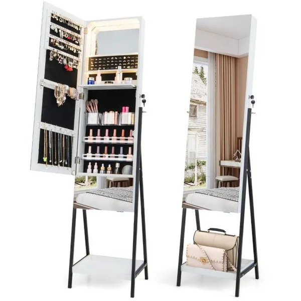 Armoire à Bijoux sur Pied avec Tiroir Miroir Pleine Longueur Lumières LED 3 Couleurs Miroir Intérieur Porte Verrouillable Blanc/Marron