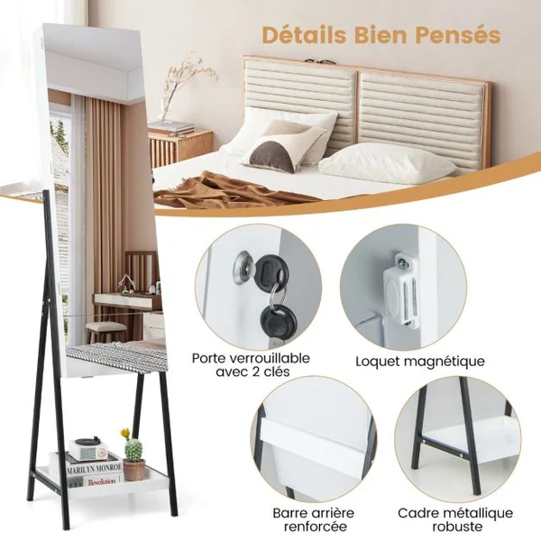 Armoire à Bijoux sur Pied avec Tiroir Miroir Pleine Longueur Lumières LED 3 Couleurs Miroir Intérieur Porte Verrouillable Blanc/Marron