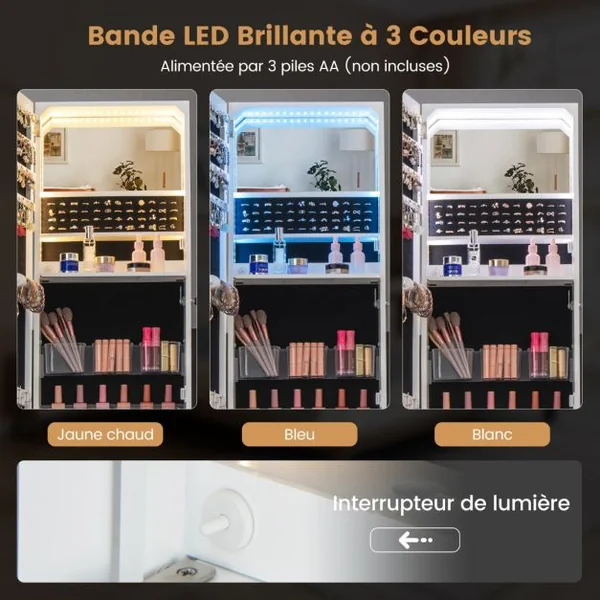 Armoire à Bijoux sur Pied avec Tiroir Miroir Pleine Longueur Lumières LED 3 Couleurs Miroir Intérieur Porte Verrouillable Blanc/Marron