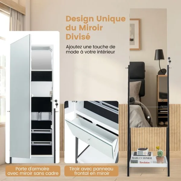 Armoire à Bijoux sur Pied avec Tiroir Miroir Pleine Longueur Lumières LED 3 Couleurs Miroir Intérieur Porte Verrouillable Blanc/Marron