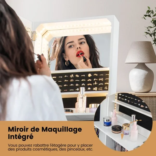 Armoire à Bijoux sur Pied avec Tiroir Miroir Pleine Longueur Lumières LED 3 Couleurs Miroir Intérieur Porte Verrouillable Blanc/Marron