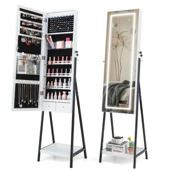 Armoire à Bijoux sur Pied Miroir Pleine Longueur Lumières LED 3 Couleurs Interrupteur Tactile Porte Verrouillable Blanc/Café