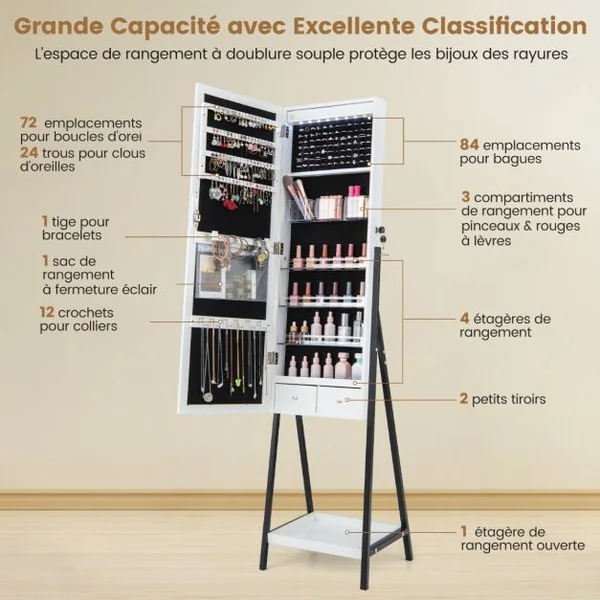 Armoire à Bijoux sur Pied Miroir Pleine Longueur Lumières LED 3 Couleurs Interrupteur Tactile Porte Verrouillable Blanc/Café
