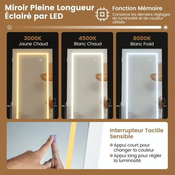 Armoire à Bijoux sur Pied Miroir Pleine Longueur Lumières LED 3 Couleurs Interrupteur Tactile Porte Verrouillable Blanc/Café