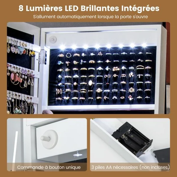 Armoire à Bijoux sur Pied Miroir Pleine Longueur Lumières LED 3 Couleurs Interrupteur Tactile Porte Verrouillable Blanc/Café