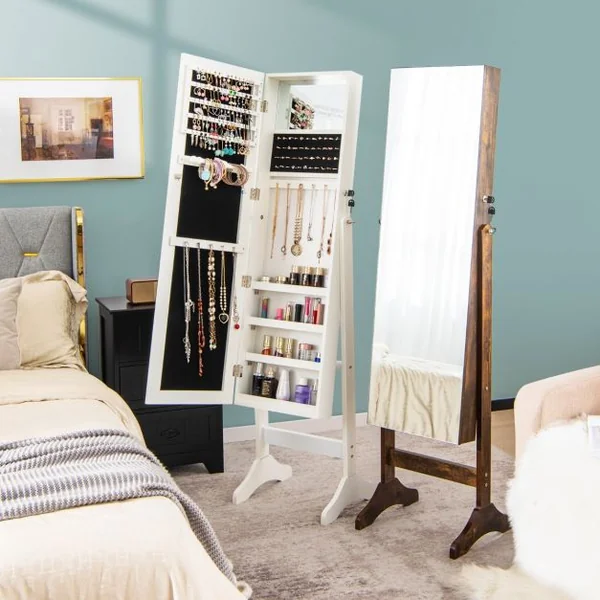 Armoire à Bijoux sur Pieds 3 en 1 - Miroir HD - 4 Angles d'Inclinaison Rangement Cosmétiques et Bijoux Style Industriel Blanc