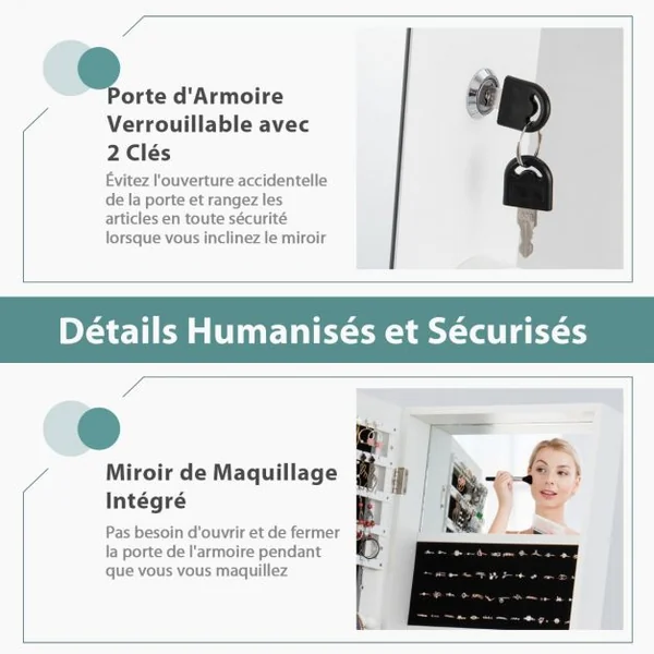 Armoire à Bijoux sur Pieds 3 en 1 - Miroir HD - 4 Angles d'Inclinaison Rangement Cosmétiques et Bijoux Style Industriel Blanc