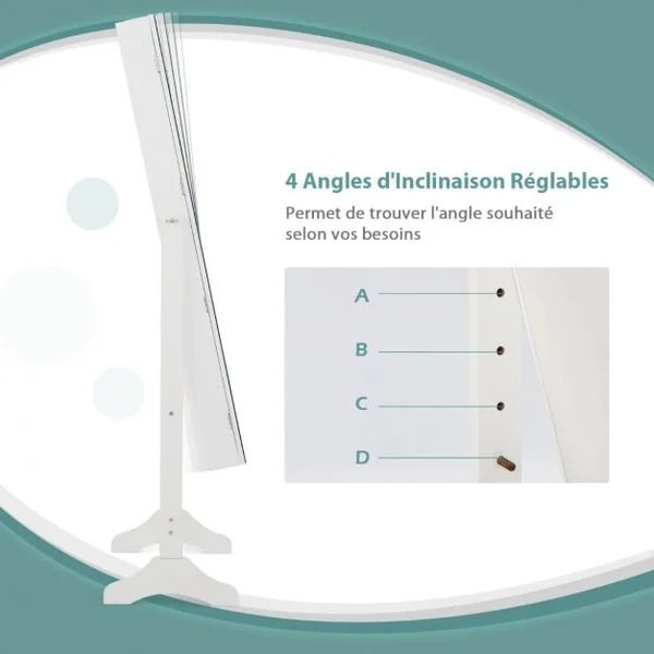 Armoire à Bijoux sur Pieds 3 en 1 - Miroir HD - 4 Angles d'Inclinaison Rangement Cosmétiques et Bijoux Style Industriel Blanc