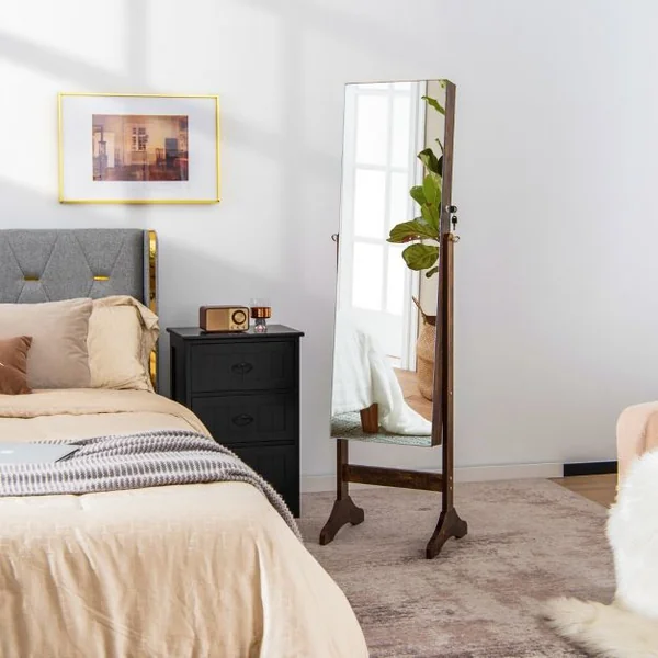 Armoire à Bijoux sur Pieds 3 en 1 - Miroir HD - 4 Angles d'Inclinaison Rangement Cosmétiques et Bijoux Style Industriel Brun