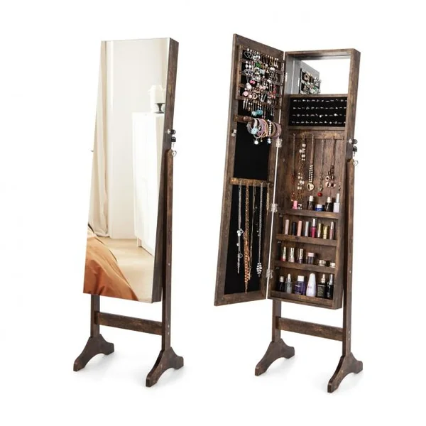 Armoire à Bijoux sur Pieds 3 en 1 - Miroir HD - 4 Angles d'Inclinaison Rangement Cosmétiques et Bijoux Style Industriel Brun