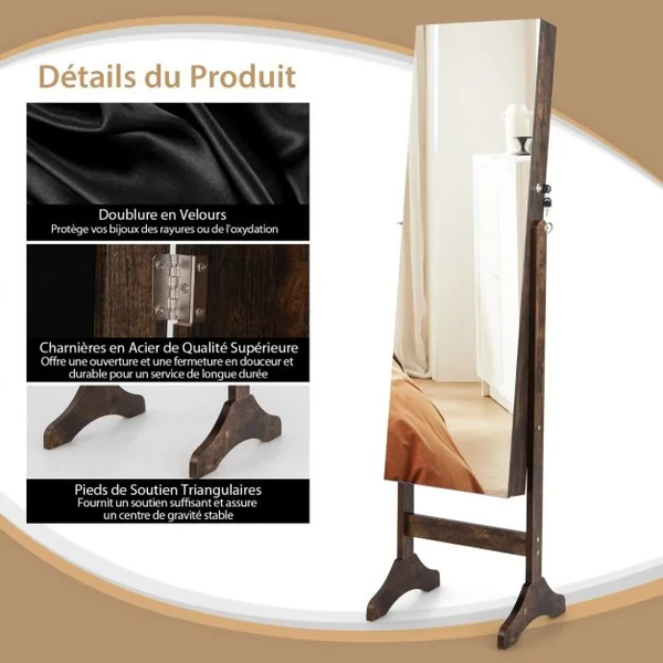 Armoire à Bijoux sur Pieds 3 en 1 - Miroir HD - 4 Angles d'Inclinaison Rangement Cosmétiques et Bijoux Style Industriel Brun