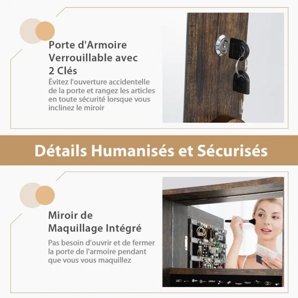 Armoire à Bijoux sur Pieds 3 en 1 - Miroir HD - 4 Angles d'Inclinaison Rangement Cosmétiques et Bijoux Style Industriel Brun