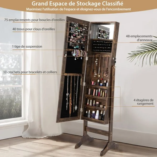 Armoire à Bijoux sur Pieds 3 en 1 - Miroir HD - 4 Angles d'Inclinaison Rangement Cosmétiques et Bijoux Style Industriel Brun