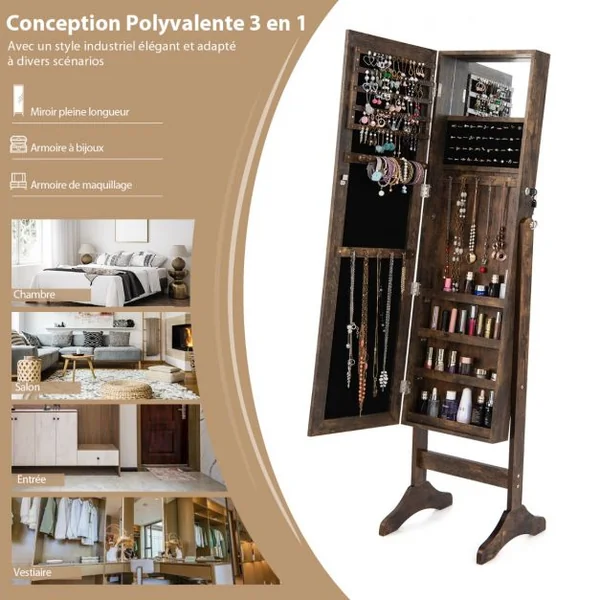 Armoire à Bijoux sur Pieds 3 en 1 - Miroir HD - 4 Angles d'Inclinaison Rangement Cosmétiques et Bijoux Style Industriel Brun