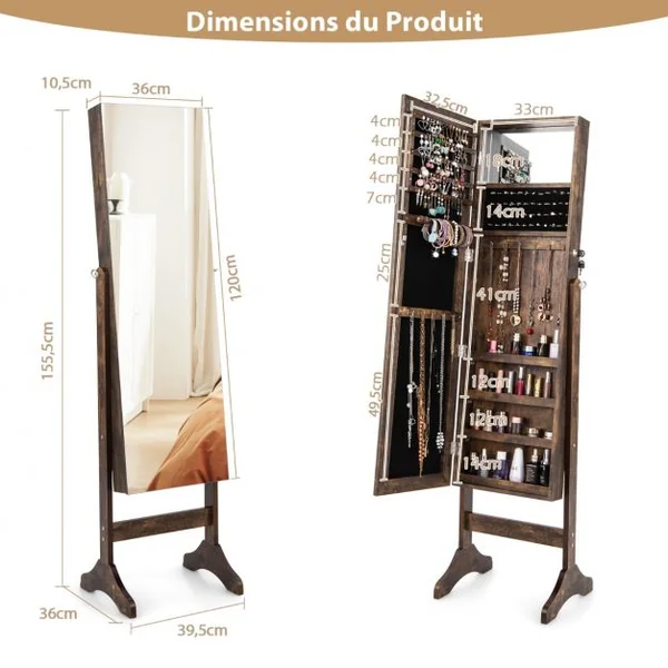 Armoire à Bijoux sur Pieds 3 en 1 - Miroir HD - 4 Angles d'Inclinaison Rangement Cosmétiques et Bijoux Style Industriel Brun