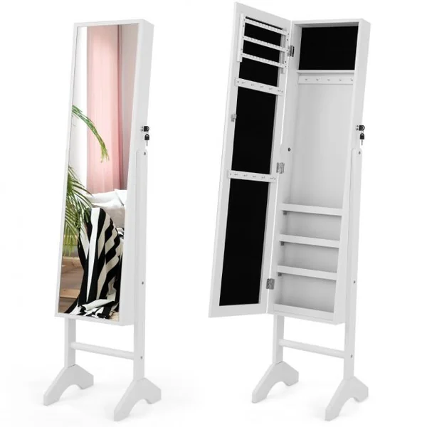 Armoire à Bijoux sur Pieds 3 en 1 - Miroir HD avec Clés Rangement pour Cosmétiques et Bijoux Style Industriel Blanc